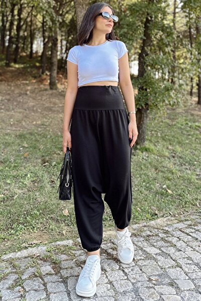 Genel Markalar Kadın Siyah Yüksek Bel, Paçası Lastikli, Salaş Örme Şalvar Pan...