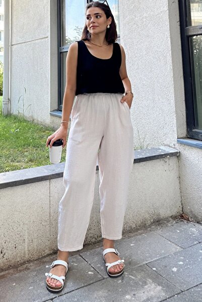 Genel Markalar Taş İthal Müslin Kumaş, Beli Lastikli,Cepli Rahat Kalıp Pantol...