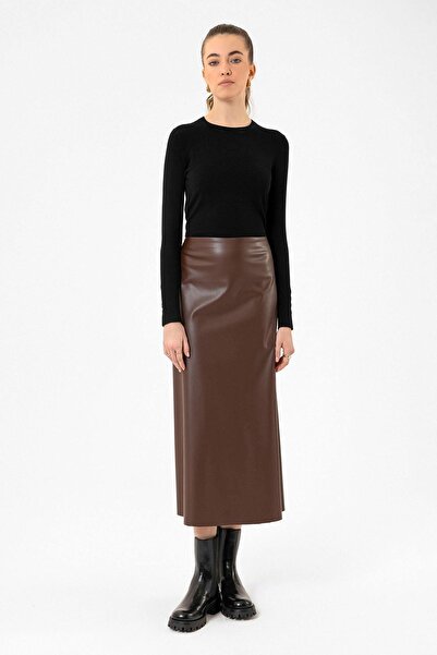 Antioch Brown Women's Faux Leather Midi Skirt