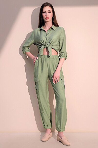 Juuuj Țesătură de calitate in kaki pentru femei, buzunar lateral, pantaloni Safari cu picior elastic