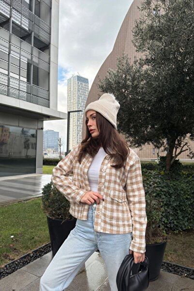 Juuuj Жіночий візон з двома кишенями, у клітинку, зручний крій, короткий твідовий піджак