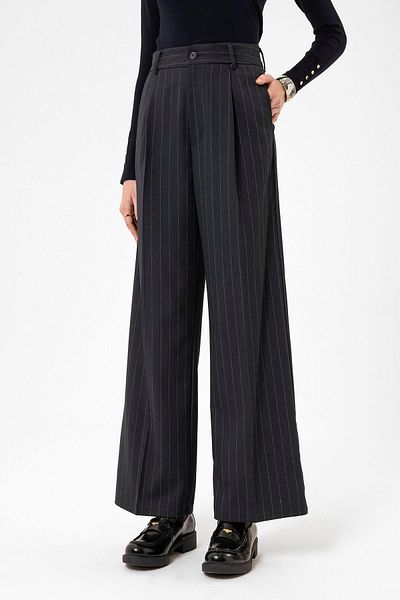 Antioch Navy Blue Women's High Waist Pleated Striped Pants
