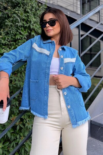 Juuuj Mânecă lungă albastră pentru femei, țesătură denim de calitate, detaliu...