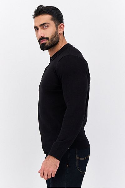French Connection Men Regular Fit Solid Long Sleeves Polo Shirts, Black