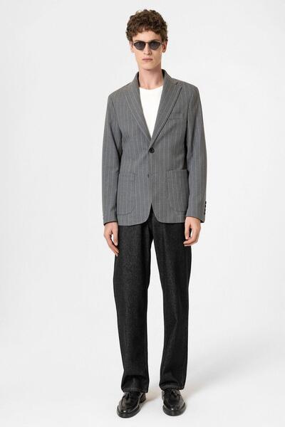 Antioch Gri Slim Fit Çizgili Erkek Blazer Ceket