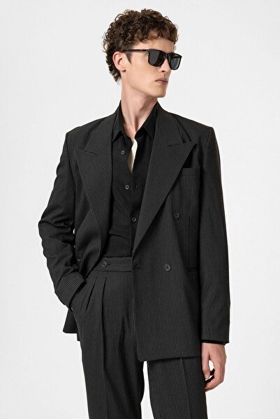Antioch Siyah Rahat Kruvaze Çizgili Erkek Blazer Ceket