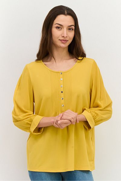 Calvin Klein Women Round Neck Long Sleeve Plain Blouse, Mustard