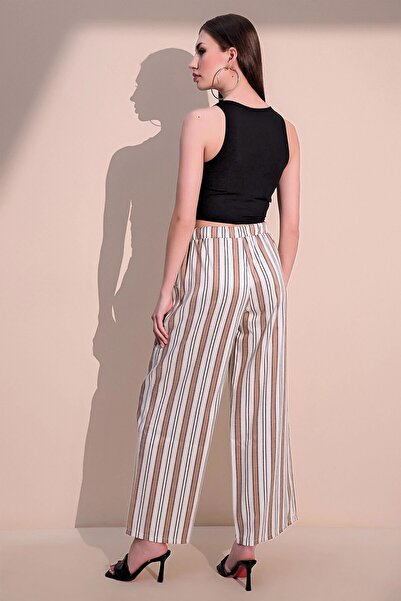 Juuuj Γυναικείο καφέ κάθετο ριγέ ελαστικό λινό παντελόνι μέσης με τσέπες - Κατάλληλο για χιτζάμπ