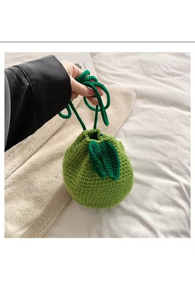 Kadın Girişimciler Atölyesi Geantă cu măr verde 3D Amigurumi tricotată manual 100% bumbac Trend Bag