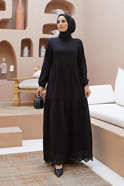 PİNK FLY Rochie de damă cu dantelă cu broderie neagră - lungă