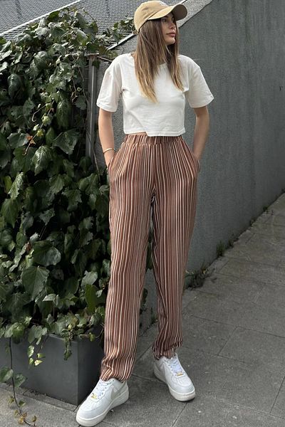 NEW LAVİVA Women's Brown Striped Loose Sports Trousers - Pocket and Elastic Waist