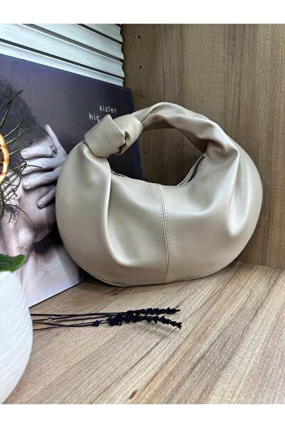 BEE BAGS Women's Cream Color Knot Detailed Baguette Model Soft Texture Handbag