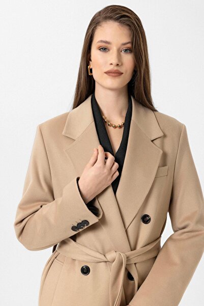 Antioch Beige Women's Belted Double Breasted Coat