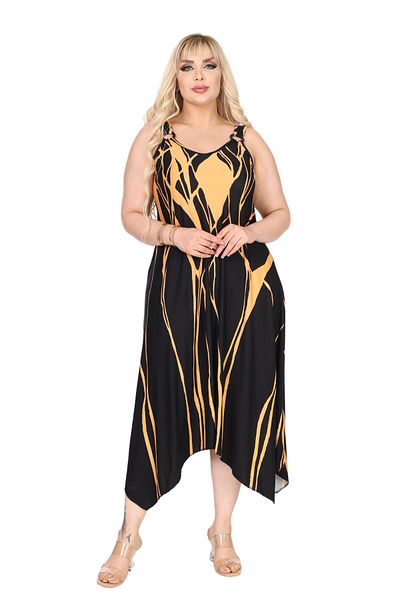 MELSAY Women's Strap V Neck Yellow Lava Pattern Plus Size Dress