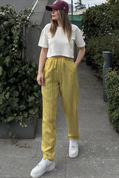 Genel Markalar Kadın Yag Yeşili Çizgili, Beli Lastikli, Cepli, Salaş Spor Pan...