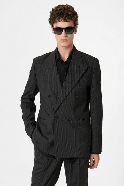 Antioch Black Casual Double Breasted Striped Men's Blazer Jacket