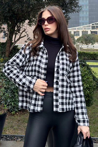 Juuuj Buzunar dublu negru pentru femei, model Gingham, croială confortabilă, ...