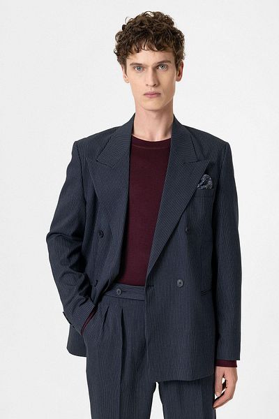 Antioch Navy Blue Casual Double Breasted Striped Men's Blazer Jacket