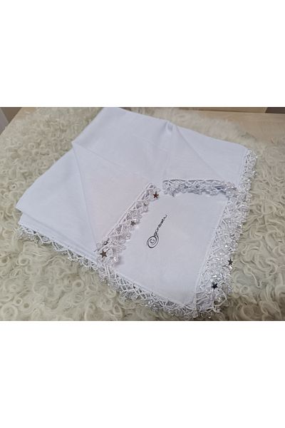 hoaryage Star Embroidered Beaded Handmade - Cheesecloth Scarf, Yemeni Mevlüt Cover 4 Edge