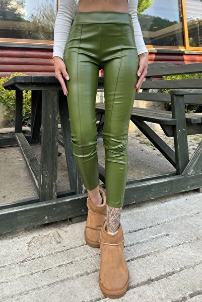 Juuuj Yeşil Yüksek Bel, Arkası Lastikli, Esnek Deri Tayt