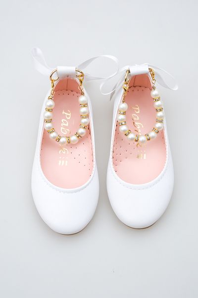 KATEYLER Shiny White Ankle Pearl Detailed Girls' Ballerinas with Bow Ribbon
