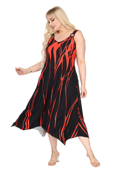 MELSAY Women's Strap V Neck Red Lava Pattern Plus Size Dress