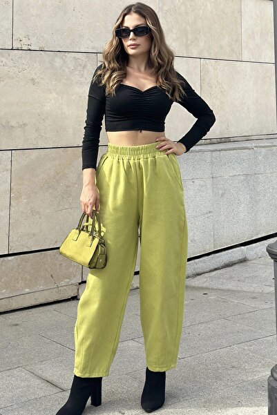 Genel Markalar Kadın Yag Yeşili Yüksek Bel, Cepli, Beli Lastikli, Salaş Gabar...