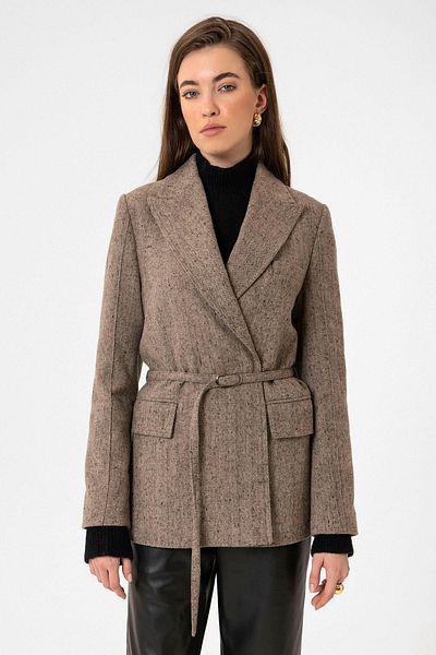 Antioch Camel Women's Belted Textured Blazer Jacket
