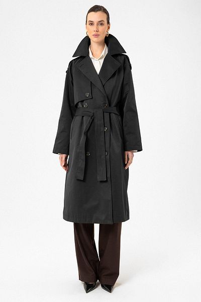 Antioch Black Women's Belted Long Trench Coat Size: S