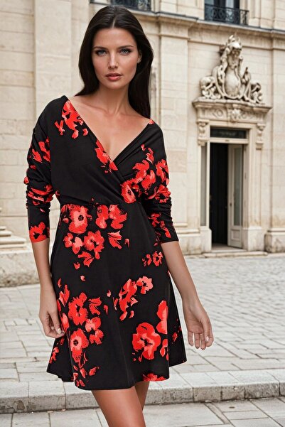 Juuuj Siyah Kruvaze Yaka, Çiçek Desenli, Uzun Kollu, Midi Elbise
