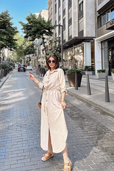 Juuuj Bej Katlamalı Uzun Kol, Keten/Airobin Kumaş, Beli Büzgülü, Hasır Kemerli Uzun Gömlek Elbise