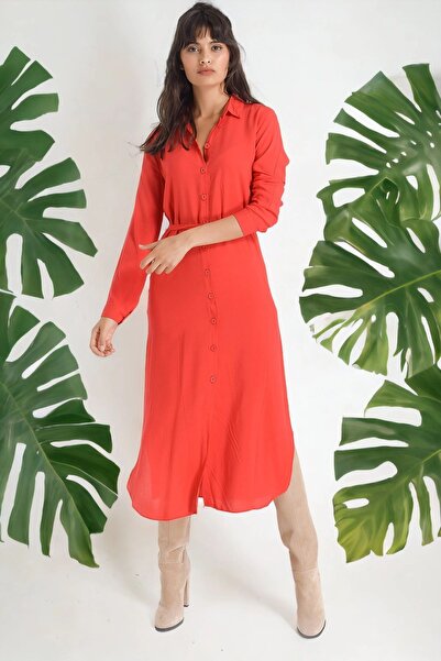 Juuuj Γυναικείο μακρυμάνικο πουκάμισο με λεπτομέρεια με κόκκινη ζώνη - κανονι...