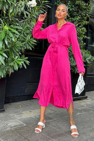 Juuuj Φούξια πουκάμισο φόρεμα με ζώνη βισκόζης