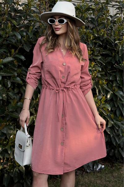 Juuuj Γυναικείο μακρυμάνικο πουκάμισο σε σκόνη, βαθύ γιακά πουκάμισο, δεμένη μέση με κουμπιά μπροστά, φαρδύ φόρεμα σε γραμμή Α