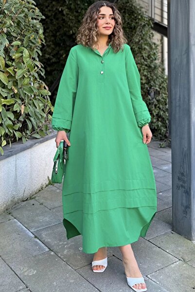 Juuuj Γυναικείο πράσινο φόρεμα με γιακά δικαστή, ελαστικό μανίκι με μπαλόνι, υφασμάτινη ραφή στη φούστα και τα μανίκια, μακρύ φαρδύ φόρεμα