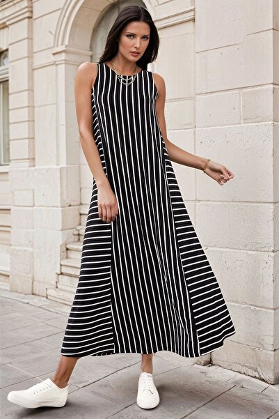 Genel Markalar Siyah Yuvarlak Yaka, Uzun Çizgili, Kolsuz, A Kesim Elbise