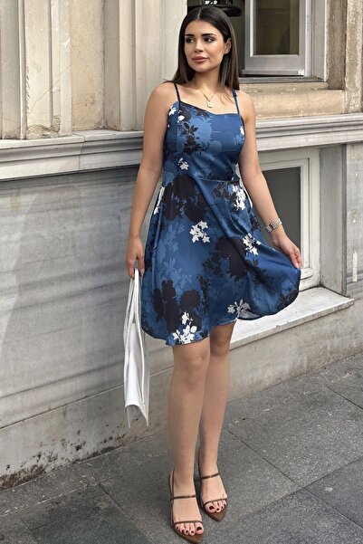 Juuuj Women's Blue Thin Strap, A-Line, Gloplu Satin Short Evening Dress