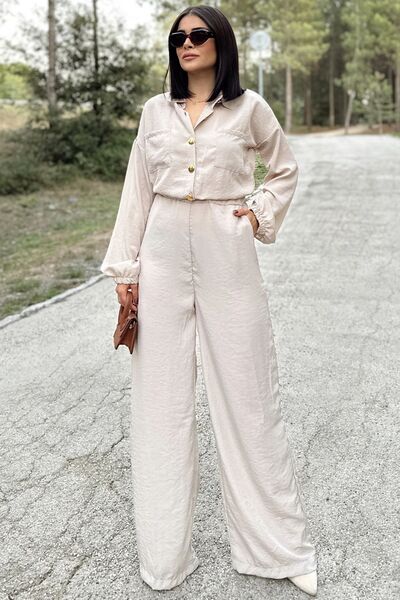 Juuuj Women's Stone Long Sleeve, Shirt Collar, Elastic Waist, 4 Pockets, Elastic Ankles, Loose Overalls