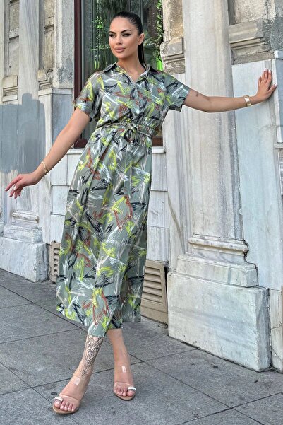 Juuuj Rochie lungă din satin, verde, cu model, cu jumătate de mânecă și jumăt...