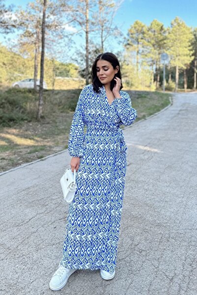 Juuuj Жіноча синьо-біла сукня з круазеним коміром, розрізом, поясом на талії, еластичними манжетами, вільного крою, довга сукня