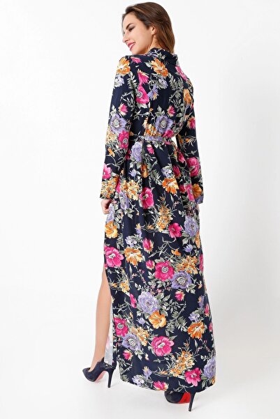 Juuuj Γυναικείο φόρεμα με μπλέ μπλέ μοτίβο με λουλούδια μακρύ πουκάμισο - Μακρυμάνικη λεπτομέρεια ζώνης μέσης Κατάλληλο για Τουρκική Ρόμπα