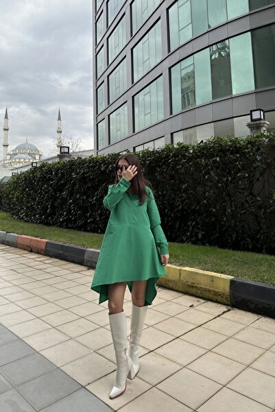 Juuuj Γυναικείο πράσινο πουκάμισο γιακάς, μακρυμάνικο, ασύμμετρη εφαρμογή, φαρδύ, μίντι τουνίκ φόρεμα