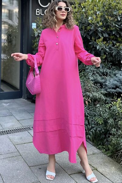 Juuuj Γυναικείο φούξια φόρεμα με γιακά δικαστή, ελαστικά μανίκια με φούσκα, υφασμάτινη ραφή στη φούστα και τα μανίκια, μακρύ φαρδύ φόρεμα