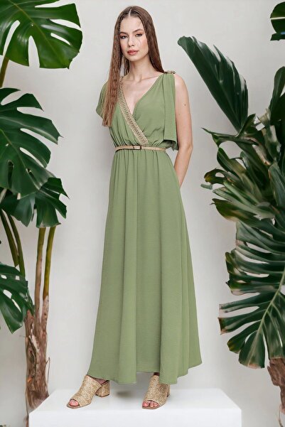 Juuuj Γυναικείο χακί πλάτη και στρίφωμα στήθους με λεπτομέρεια με αγκράφα στη μέση Airobin μακρύ φόρεμα με διπλό γιακά