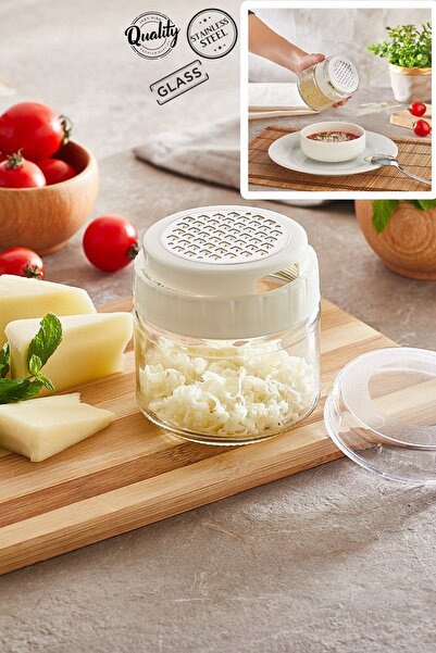 MUF HOME Hazneli Beyaz Rende Saklama Kabı Mini Rende Cam Hazneli Kaşar Rendeleme Saklama Kabı 300ml