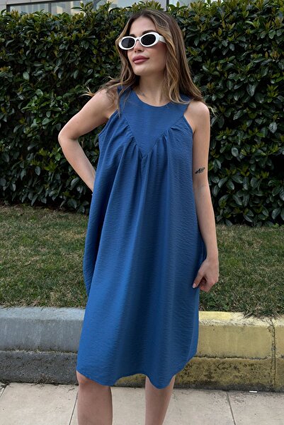 Juuuj Жіноча сукня Indigo з товстими бретелями, кишенями та плісированим коміром, А-силует, вільна міді-сукня