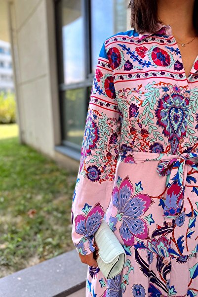 Juuuj Жіноча рожева та синя сорочка з коміром, довгими рукавами, плісированою спідницею, поясом на талії, вільним кроєм, довга сукня