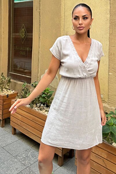 Juuuj Γυναικείο γκρι φόρεμα με ανοιχτή πλάτη, διπλό λαιμό, ελαστική μέση, κοντό μανίκι, άνετο μίντι λινό φόρεμα