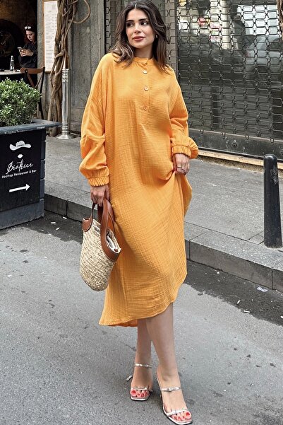 Juuuj Women's Mustard Balloon Sleeve, Judge Collar, Anti-Sweat Cotton, Imported Muslin Fabric, Long Loose Dress