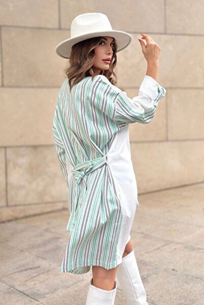 Juuuj Γυναικείο μανίκι μέντα & εκρού διπλωμένο, ζώνη μέσης, στρογγυλή λαιμόκοψη, φαρδύ φόρεμα